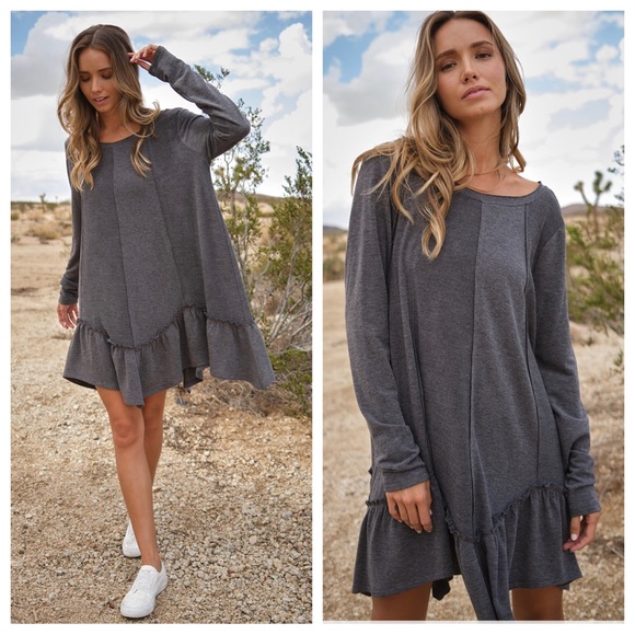 07 Boho Solid Ruffled Long Sleeve Dress - Picture 2 of 5